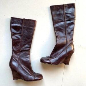 Aldo Dark brown leather retro vintage tall wedge heel boots size 6